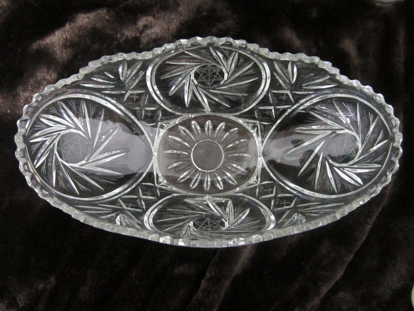 Bohemia Czech Cut Crystal Etched Banana Fruit Bowl Pinwheels Saw Tooth + Candle