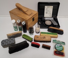 Shoe Shine Kit + Wooden Foot Rest & Supplies (Brushes / Polish)