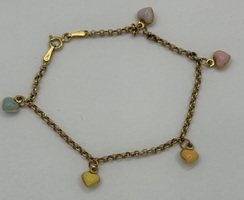18K Yellow Gold *PLATED* Charm Bracelet with Multi-Colour Enamel Dangle Hearts
