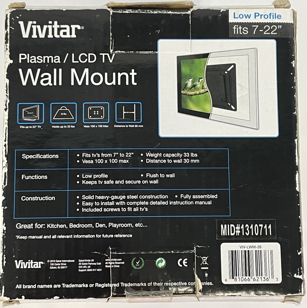 Vivitar LCD/PLASMA Low Profile TV Mount with Hardware 