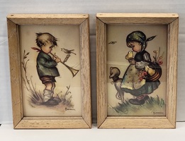 Bonnie Hummel Framed Mini Print Pair Little Boy With Horn Little Girl With Bird 