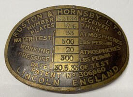1933 Ruston & Hornsby Ltd. Dashboard Plaque