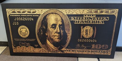 Canvas US $100 Dollar Bill Print Black and Gold 60x30"
