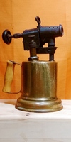VTG Antique Brass (Brass/Copper?) Blow Torch - Steam Punk - with Wood Handle