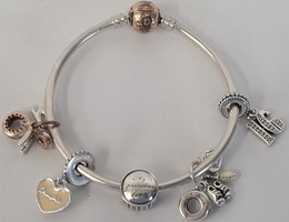 Pandora Moments Bangle - Two Tone Rose Gold and Silver with 5 Charms 