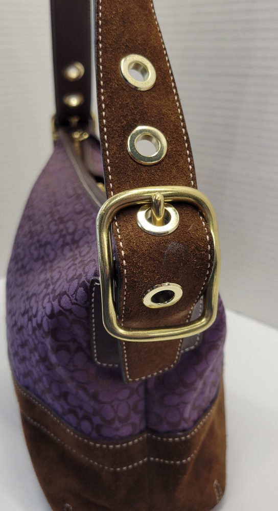Coach Jacquard Shoulder Bag Purple Chocolate Brown with Suede Tassel Avenue Shop Swap Sell