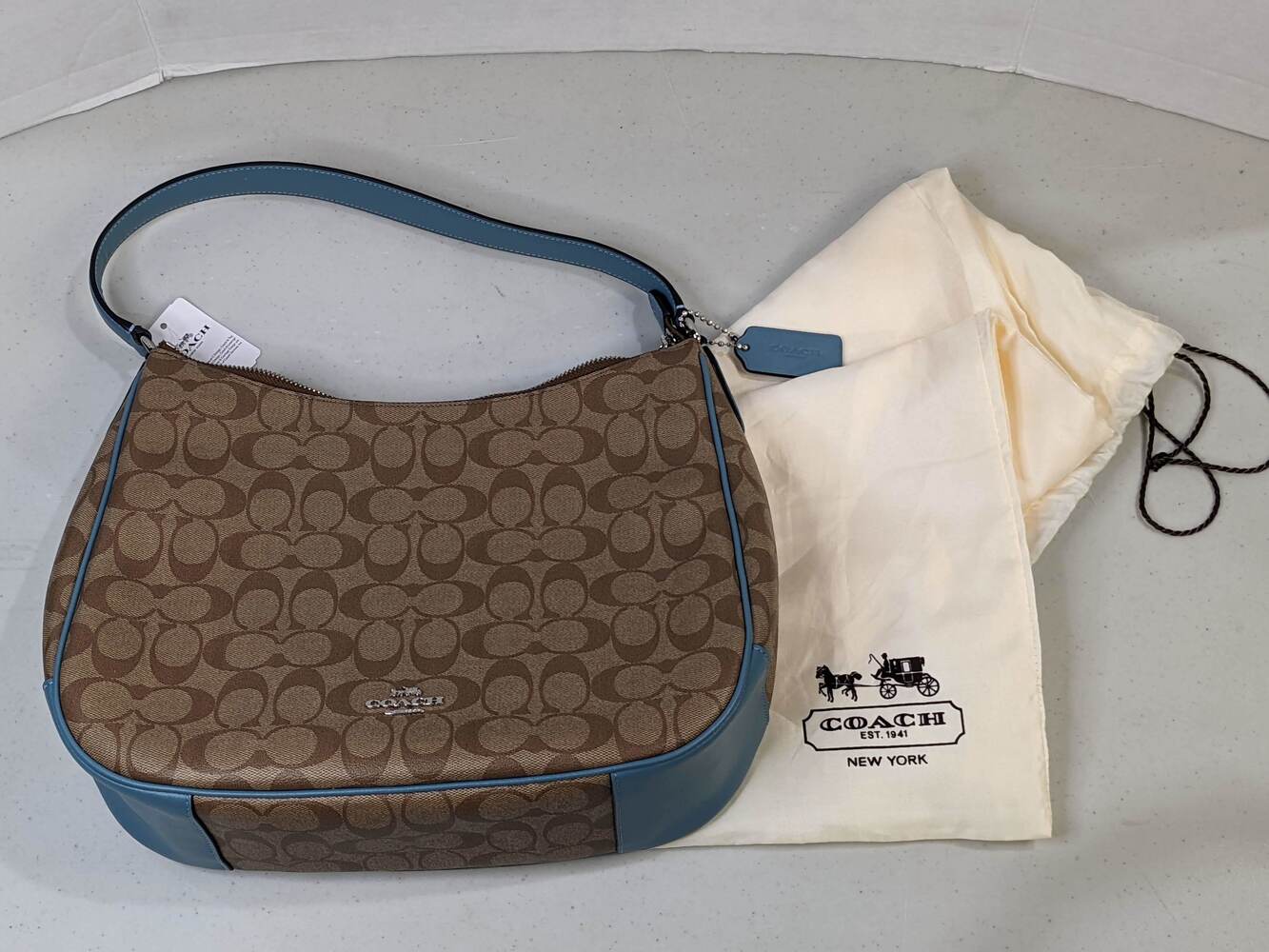 Coach tan light blue leather coated canvas shoulder bag F29209 NWT – My  Girlfriend's Wardrobe LLC