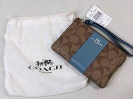 Coach 87591 Signature PVC Double Corner Zip Wristlet Small Khaki Powder Blue