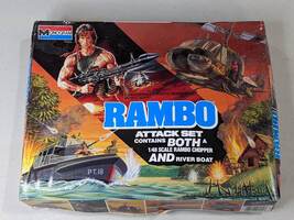 Vintage 1985 MONOGRAM Model RAMBO Attack Set Kit #6039 Boat & Helicopter