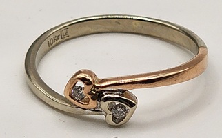10k White and Rose Gold Heart Crossover Ring With Twin Diamond Accents