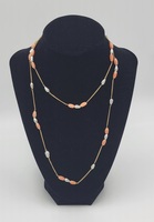 Vintage 10k Yellow Gold White & Coral Gemstone Station Necklace 34"