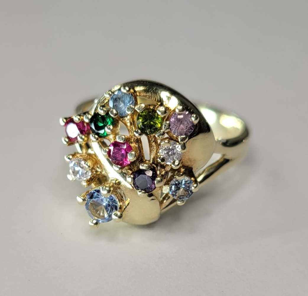  14K Yellow Gold Cluster Ring Multi-Colour Stones Ladies Size 7.75