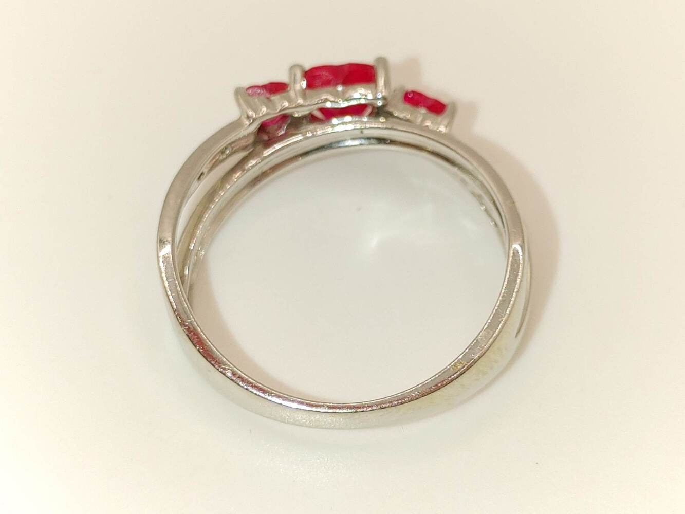 Lady's 10 Karat White Gold Ring with Deep Pink Heart Stones