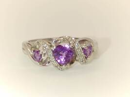 Three Purple Heart Stone, White Gold Lady's Ring