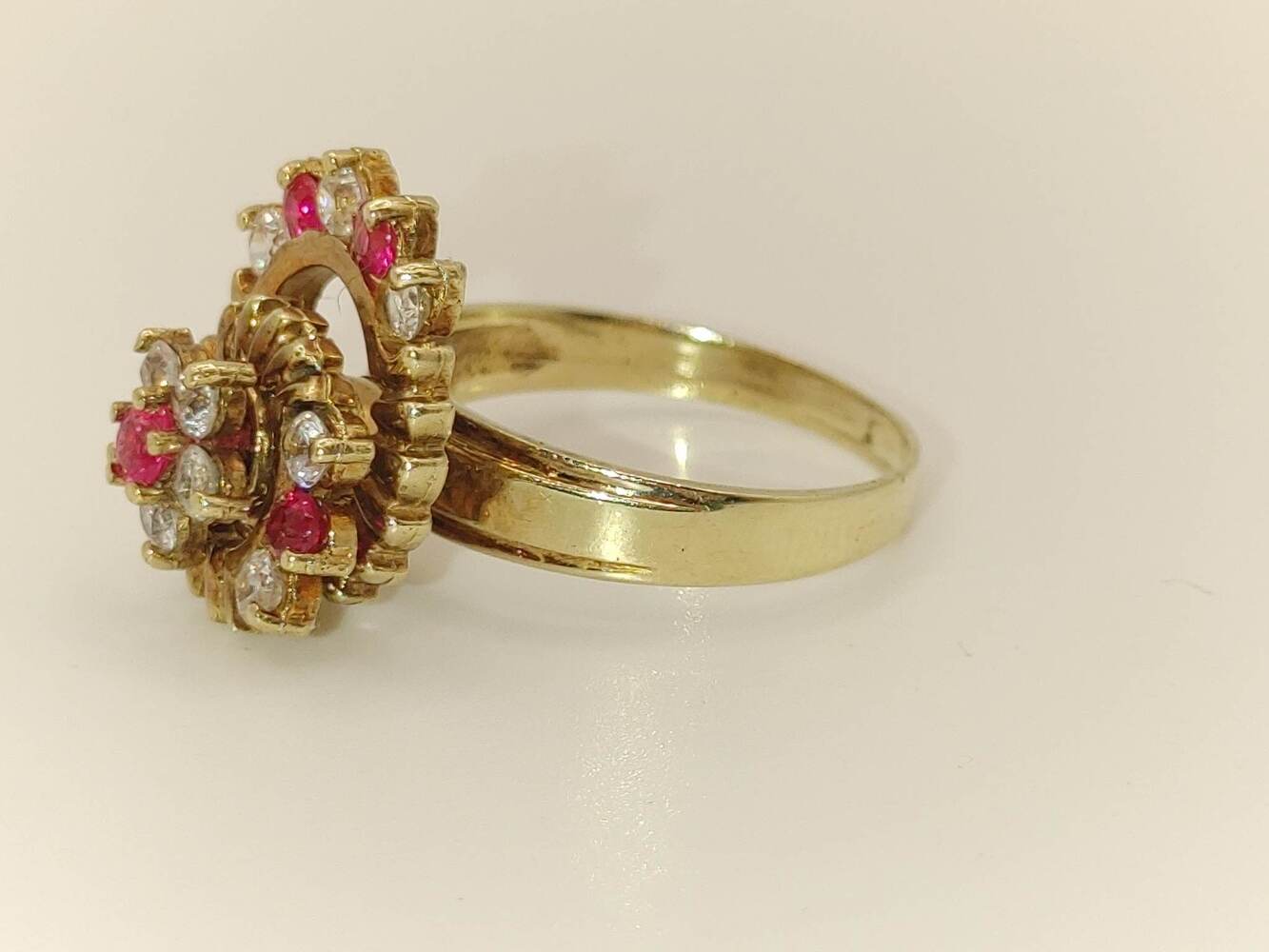 Retro Gold Spinning Ring, 10 Karat Yellow Gold with Red and Clear Stones