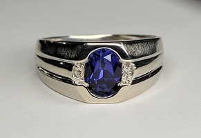 10K White Gold Size 10.25 Blue Oval Stone Solitaire Ring With Diamond Accents