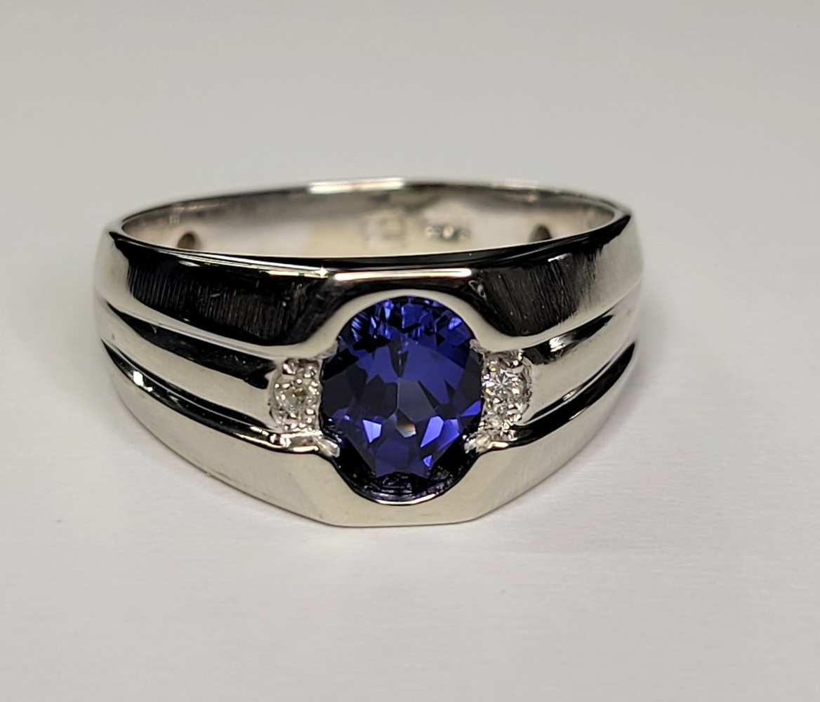 10K White Gold Size 10.25 Blue Oval Stone Solitaire Ring With Diamond Accents
