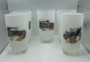 Hazel Atlas Antique Cars Frosted High Ball 5pc Cup Set