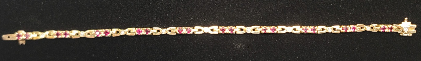 14 Karat Yellow Gold Red Stone and Diamond Tennis Bracelet - Size: 7-inch