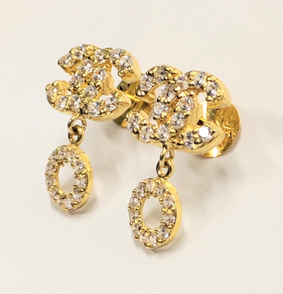 18 Karat Yellow Gold and Non-Diamond Clear Round Stone Drop Style Earrings