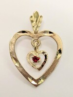10 Karat Yellow Gold and Non-Diamond Red Stone Double Heart Pendant Charm