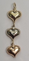 10 Karat Tricolour Yellow White Rose Gold Triple Heart Pendant Charm