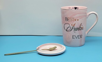 Sweet Love "Best Auntie Ever" Swirly Rose & Gold Mug with Lid and Spoon Set