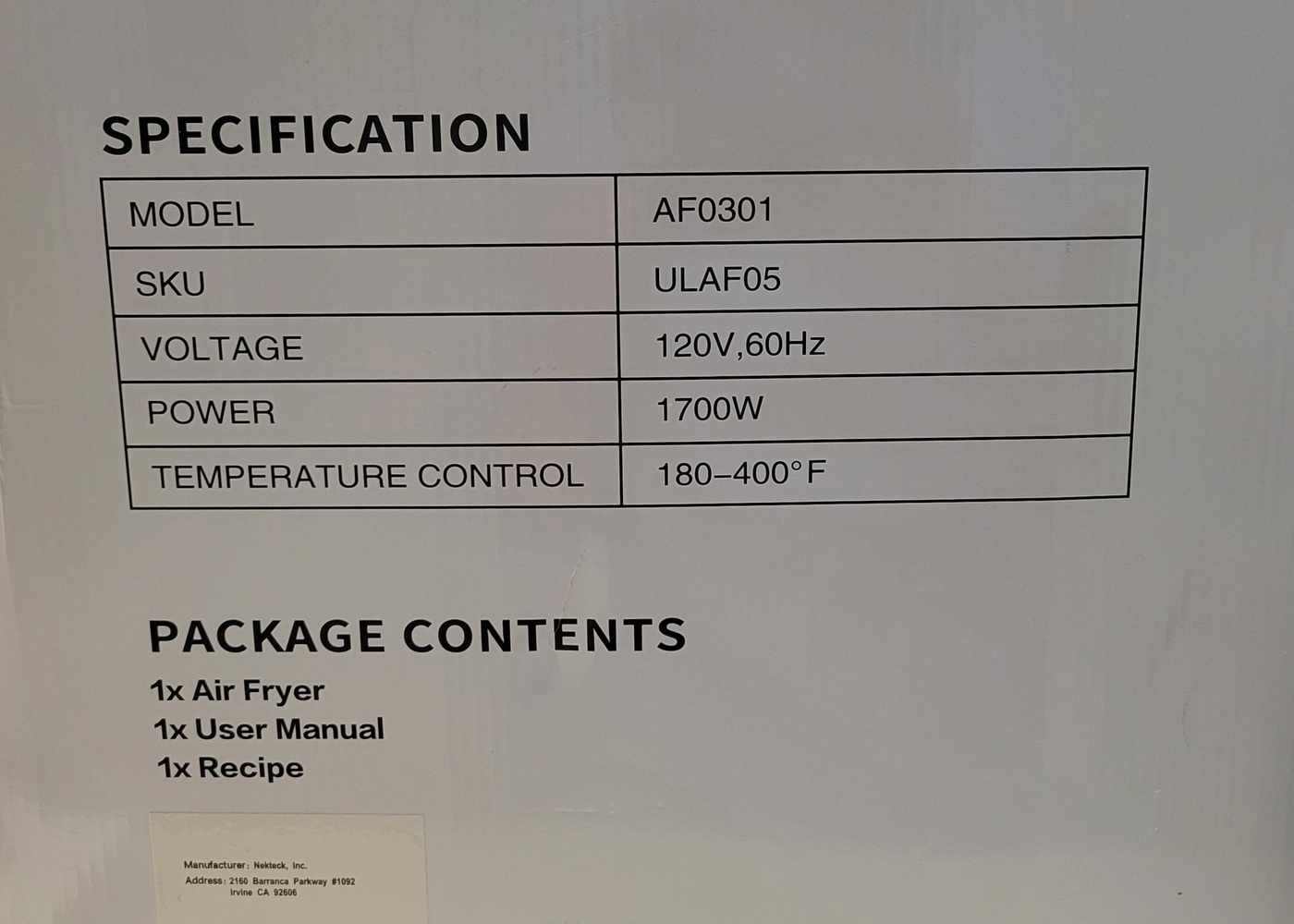 Ultrean 5.8 Quart Air Fryer Model AF0301 BNIOB