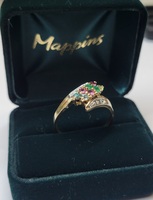 10k Yellow Gold Multi-Colour Gemstone Bypass Ring with Diamond Accents 