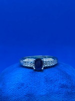 10K White Gold Blue Stone Solitaire and Clear Stones Ring Size 4.75 