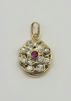 18k Yellow Gold Gemstone Pendant with Round Clear & Red Stones 