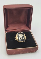 Vintage 10k Yellow & White Gold Monogram Black Gemstone & Diamond Ring Size 8.5