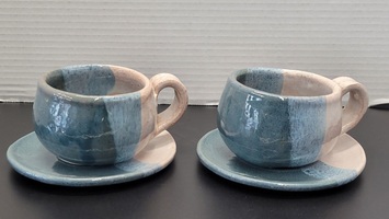 Vintage Handmade Pottery Mug & Saucer Set - Blue & Rose