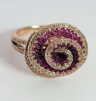 14 Karat Rose Gold Diamonds and Red Stones Cocktail Ring