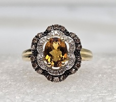 14 Karat Yellow Gold Ring - Bronze Main Stone & 38 Black & White Stones - Size 7