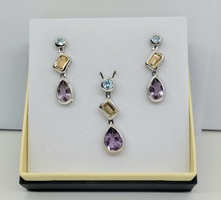 0.925% Silver & Multi-Colour Gemstone Earring and Pendant Set
