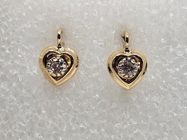 14 Karat Yellow Gold Heart Design Clear Round Stone Dangle Earrings