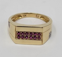 10k Yellow Gold Red Gemstone & Diamond Band Ring Approximate t.c.w. 0.04