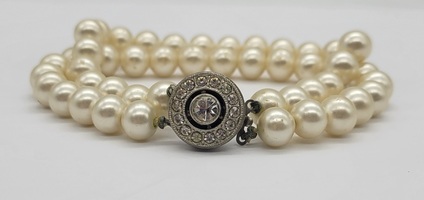 Vintage Double Strand Faux-Pearl Bracelet with Rhinestone Clasp