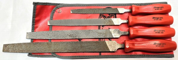 Set of 4 SNAP ON Red Handle Flat Files HF614 HF615 HF616 HF617 w/ C0414 Kit Bag