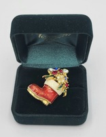 Gold Tone Enamel Jewelled Christmas Stocking Brooch