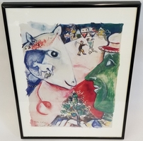 MARC CHAGALL - I AND THE VILLAGE FRAMED WATERCOLOR PRINT - 14x11"
