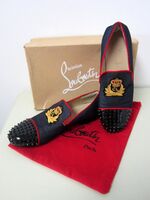 Authentic Christian Louboutin Intern Spike Denim Patent Leather Flat Loafers 46