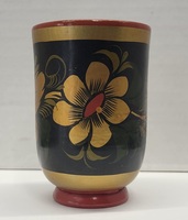 Vintage Khokhloma USSR Russian Wood Cup - Floral Black & Gold 