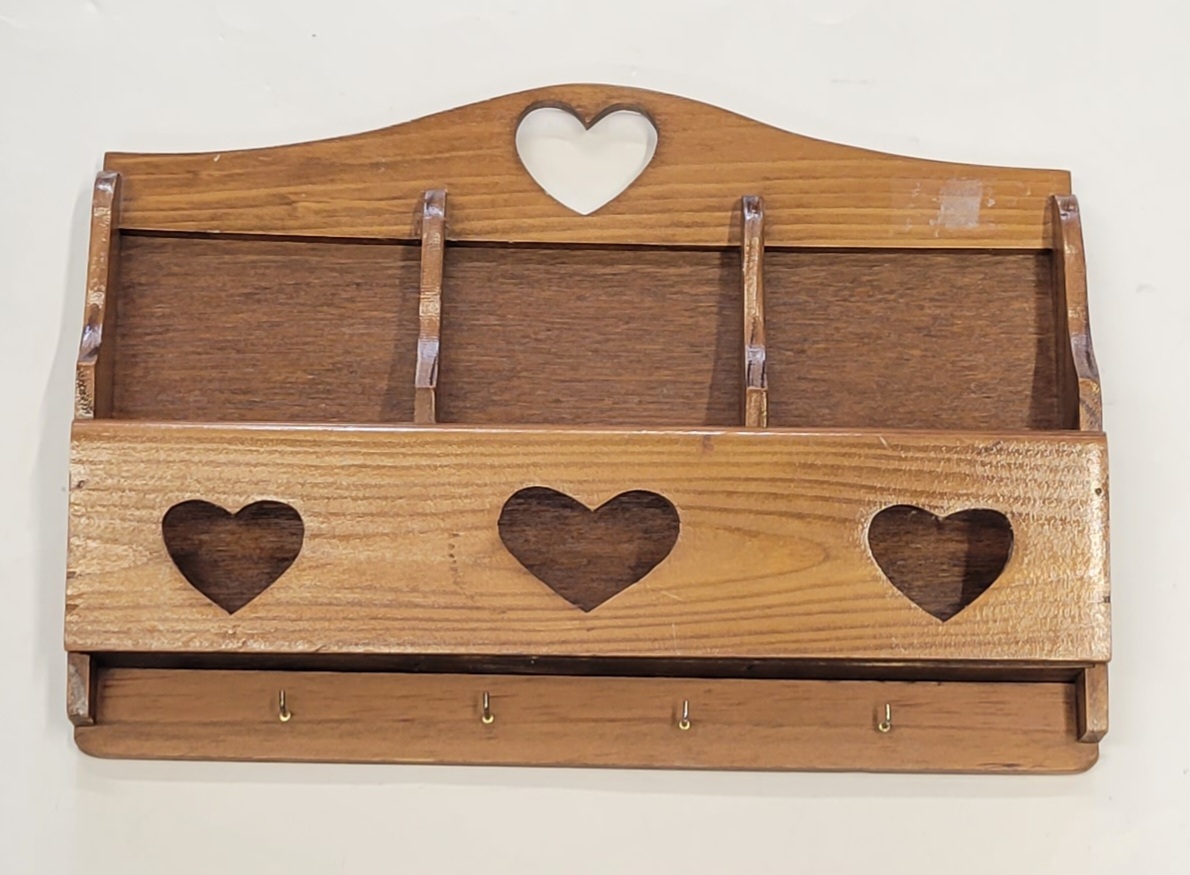 Vintage Rustic Wooden Letter/Key Organizer Holder With Heart Cutouts