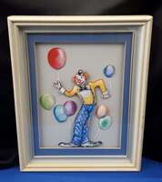 VINTAGE FRAMED PAPER TOLE CLOWN WITH BALLOONS 11"X14"