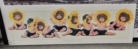 Vintage 1999 Anne Geddes Sunflower Babies Plaque Mount Print 31.5"x11.75"